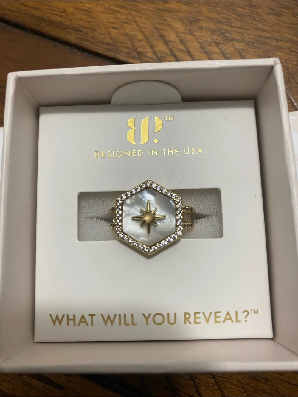 Bomb Party Halo Ring - Genuine Moonstone & Mother of Pearl -  Gold - 7